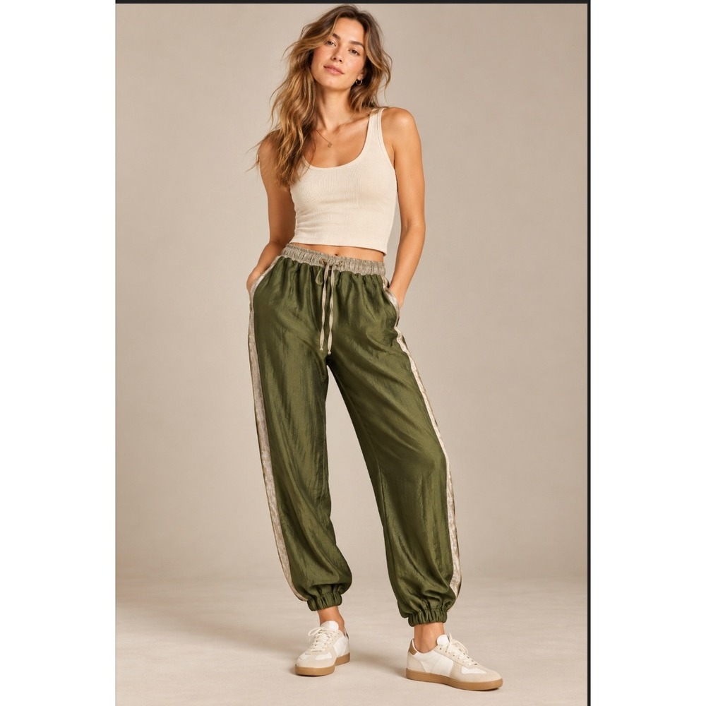 Zara Army Green Satin Joggers XS Side Stripe Metallic Shimmer Sporty Chic Luxe